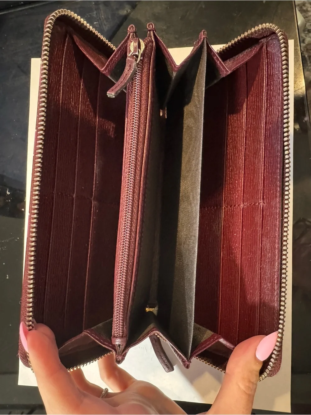 Gucci Maroon Wallet with Pink Heart Print